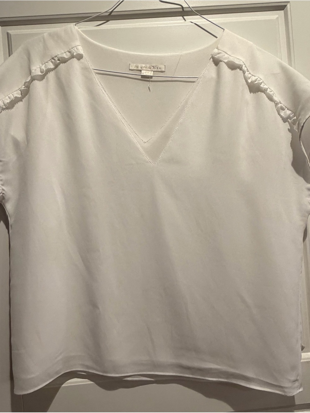 Cooper & Ella White V-Neck Ruffle Shoulder Blouse-Small